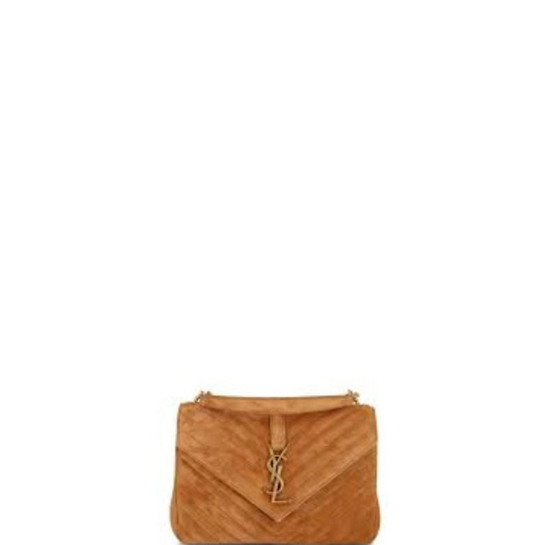 Logo Plaque Shoulder Suede Bag Camel