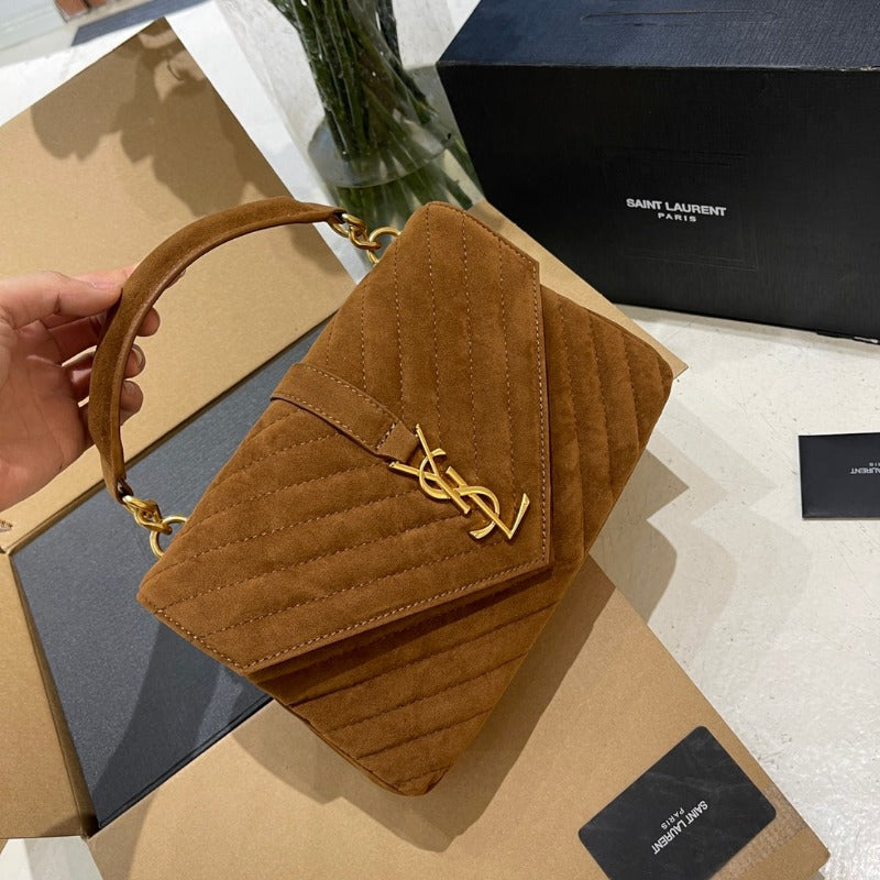 Logo Plaque Shoulder Suede Bag Camel