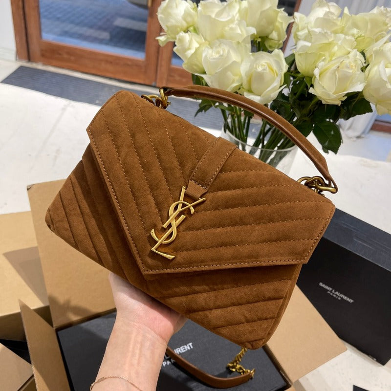 Logo Plaque Shoulder Suede Bag Camel