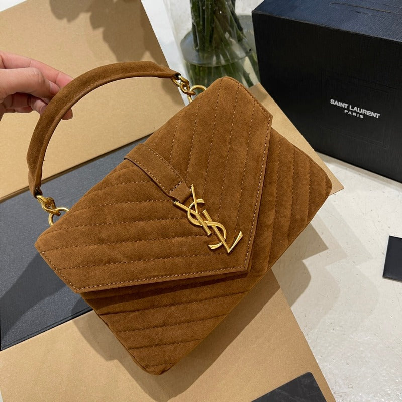 Logo Plaque Shoulder Suede Bag Camel