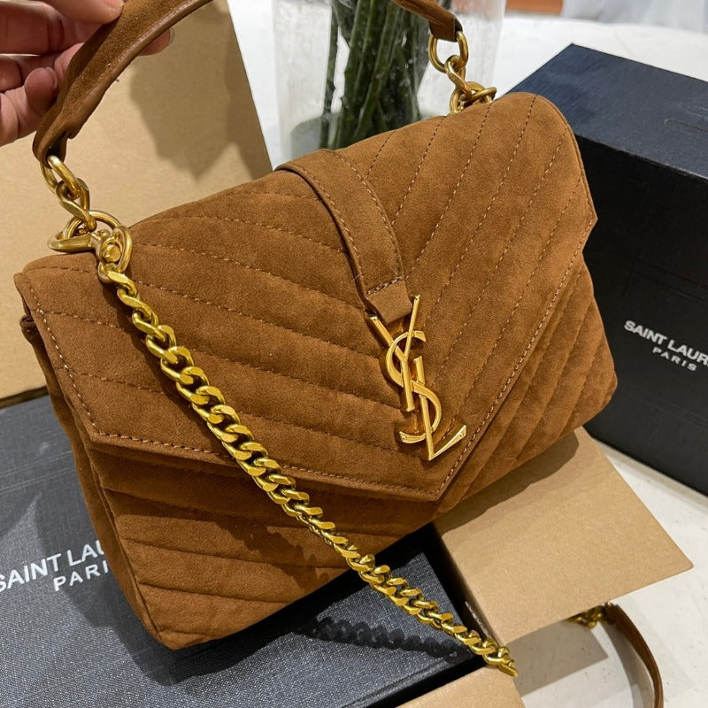 Logo Plaque Shoulder Suede Bag Camel