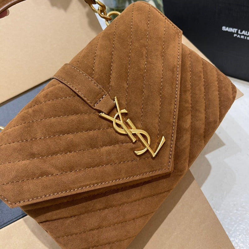 Logo Plaque Shoulder Suede Bag Camel