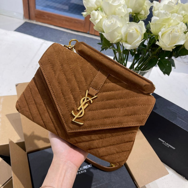 Logo Plaque Shoulder Suede Bag Camel