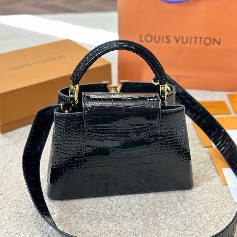 Capucines Handbag Black Croc New