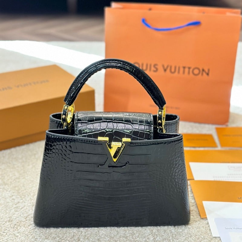 Capucines Handbag Black Croc New