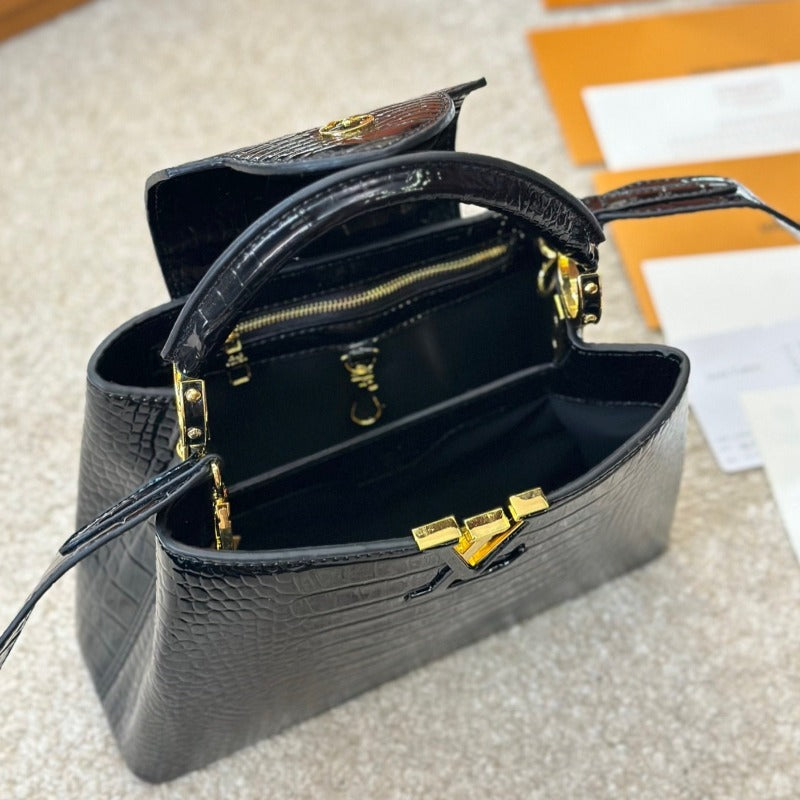 Capucines Handbag Black Croc New