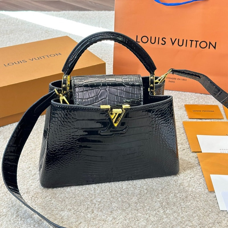 Capucines Handbag Black Croc New