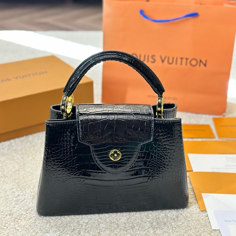 Capucines Handbag Black Croc New