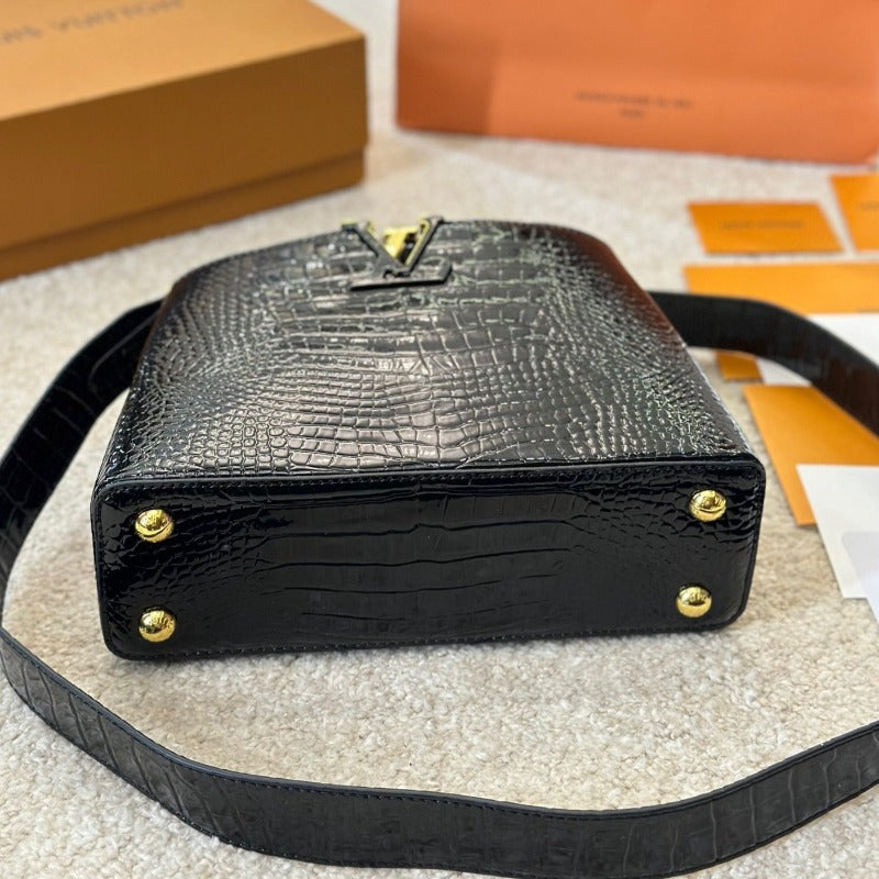Capucines Handbag Black Croc New
