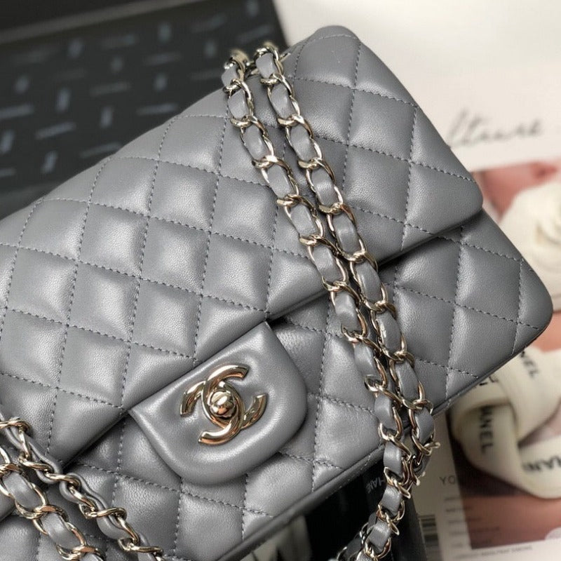 Lambskin Classic Double Flap Bag Grey 25