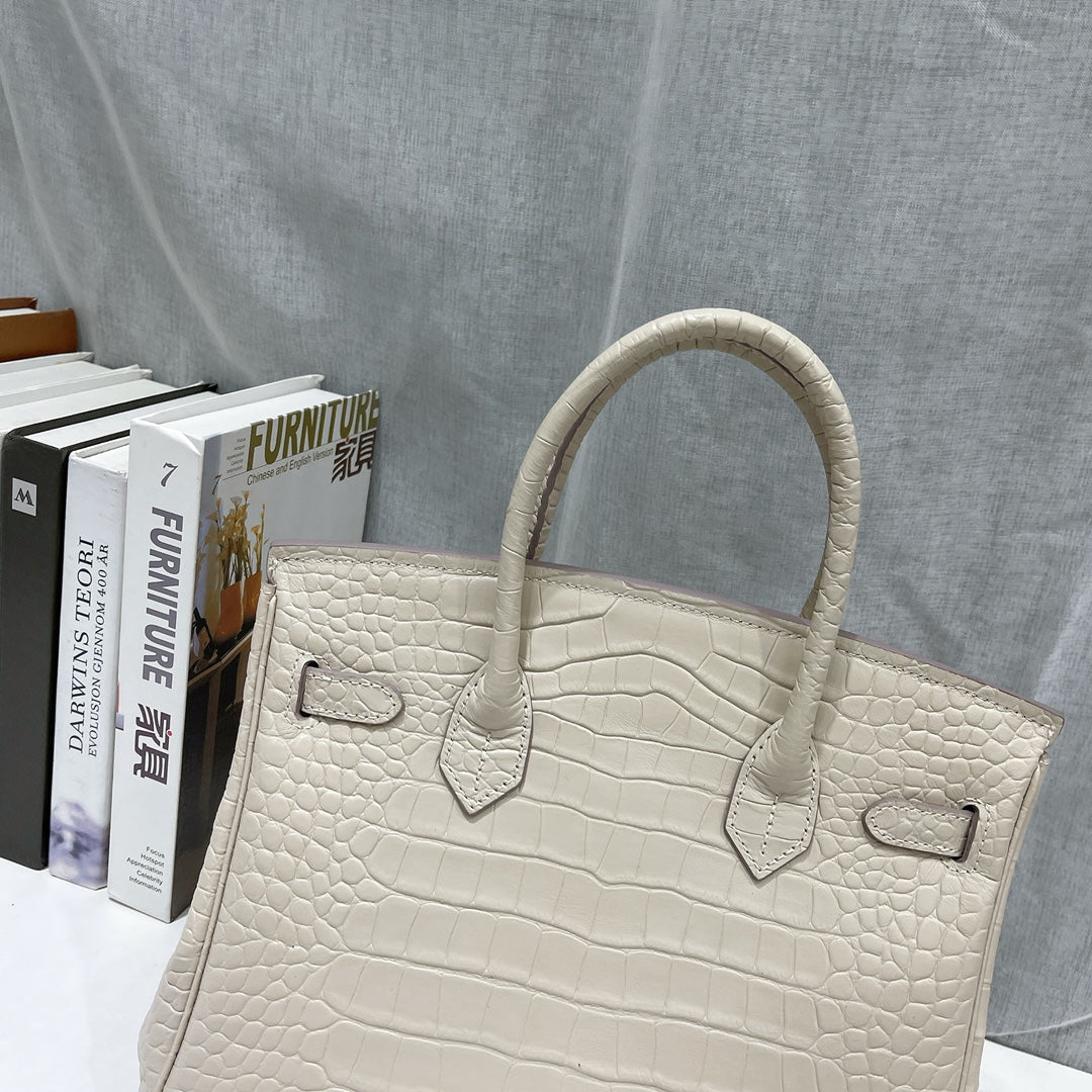 Kelly 30 Croco Bleu Bag White