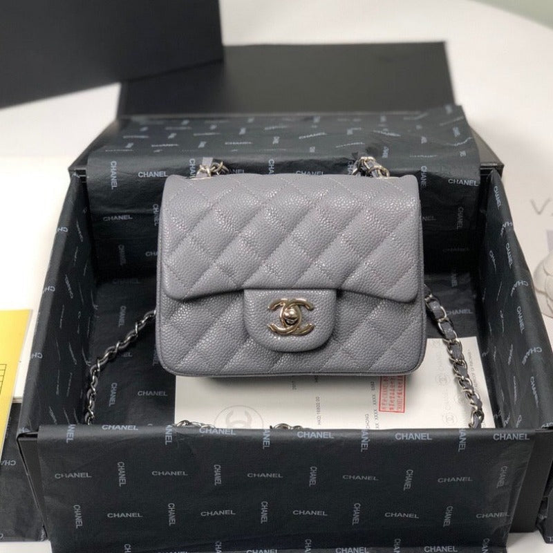 Caviar Mini Square Flap Bag Grey