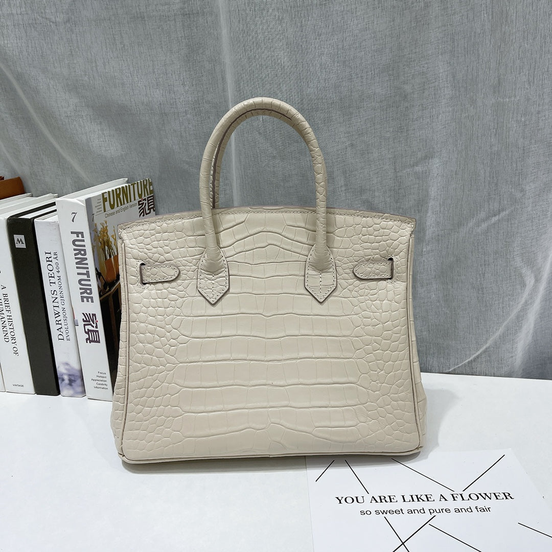 Kelly 30 Croco Bleu Bag White