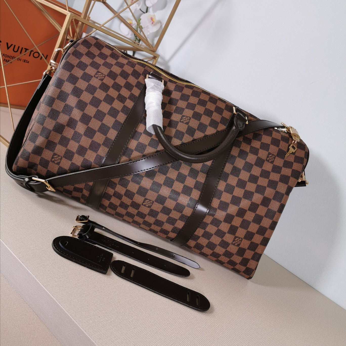 Travel Bag In Checkered Canvas Brown