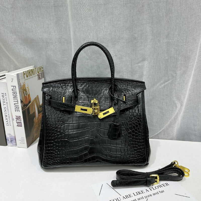 Kelly 30 Croco Bleu Bag Black