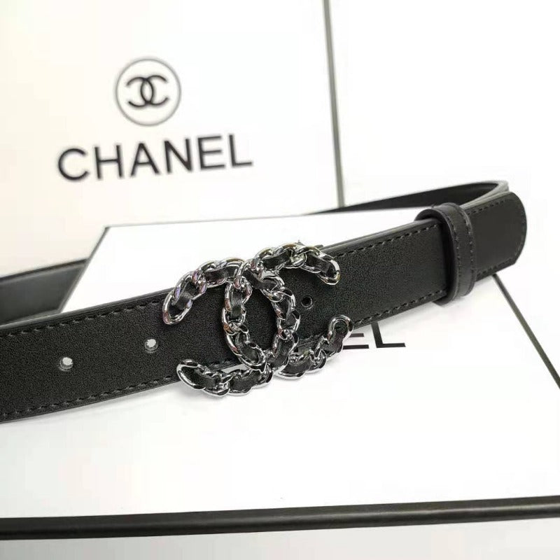 Designer Metal and Leather Buckle Belt Black