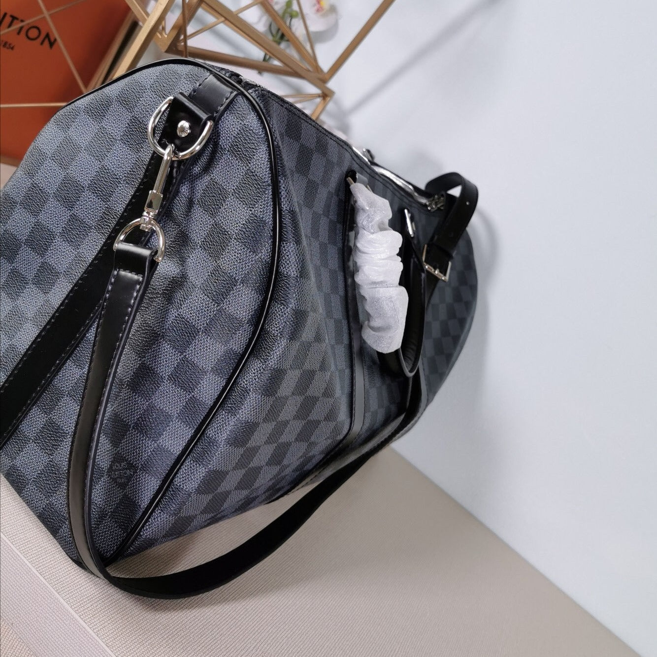 Travel Bag In Checkered Canvas Grey