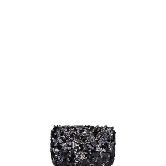 Black and Silver Mini Flap Bag in Black and Silver Sequins New