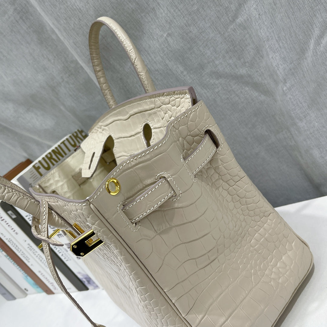 Kelly 30 Croco Bleu Bag White