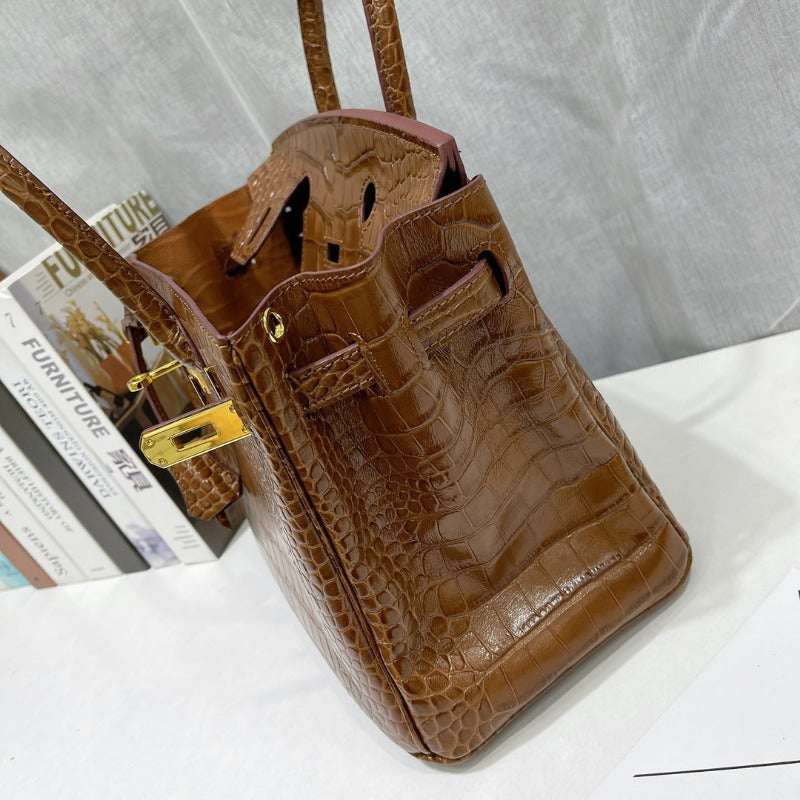 Kelly 30 Croco Bleu Bag Brown