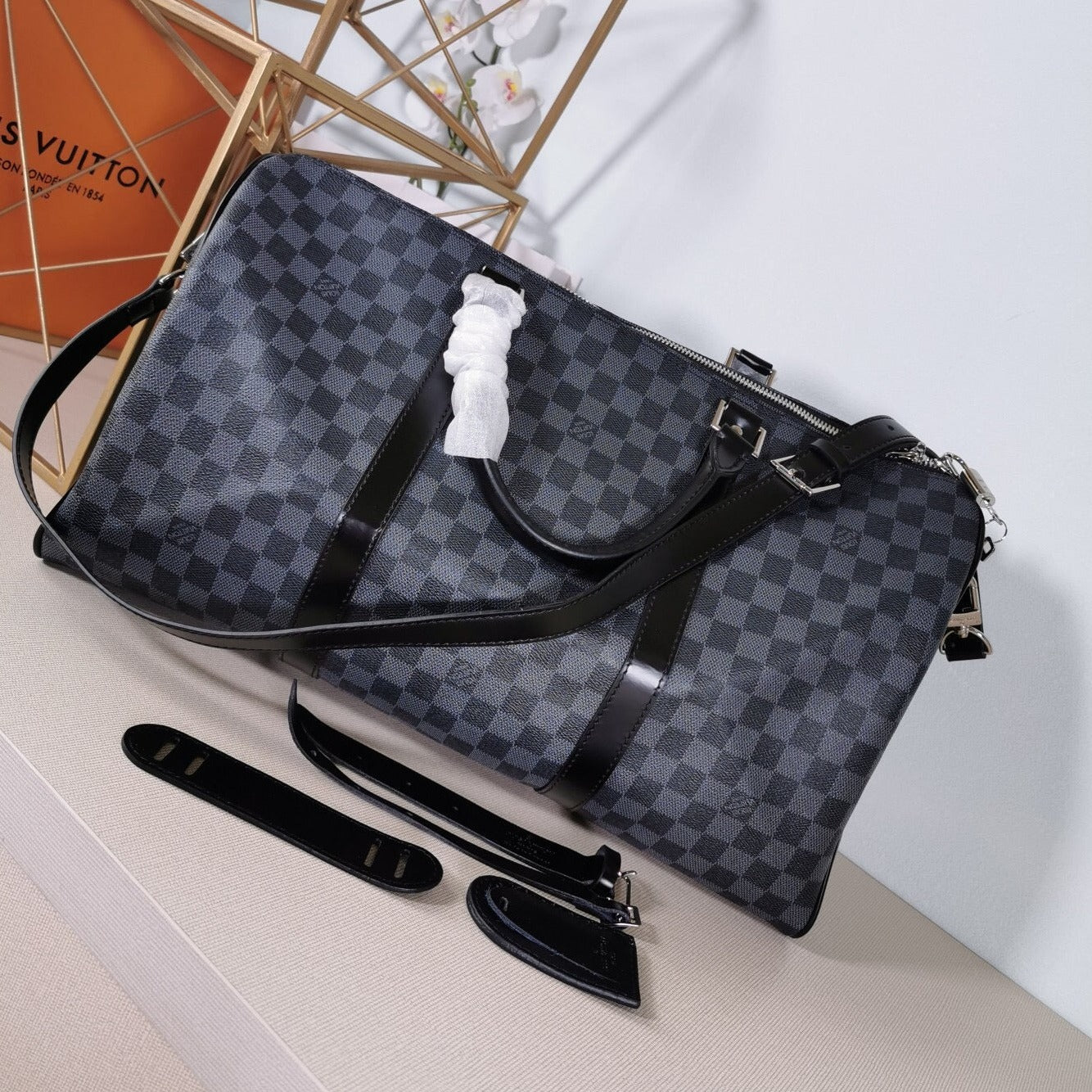 Travel Bag In Checkered Canvas Grey