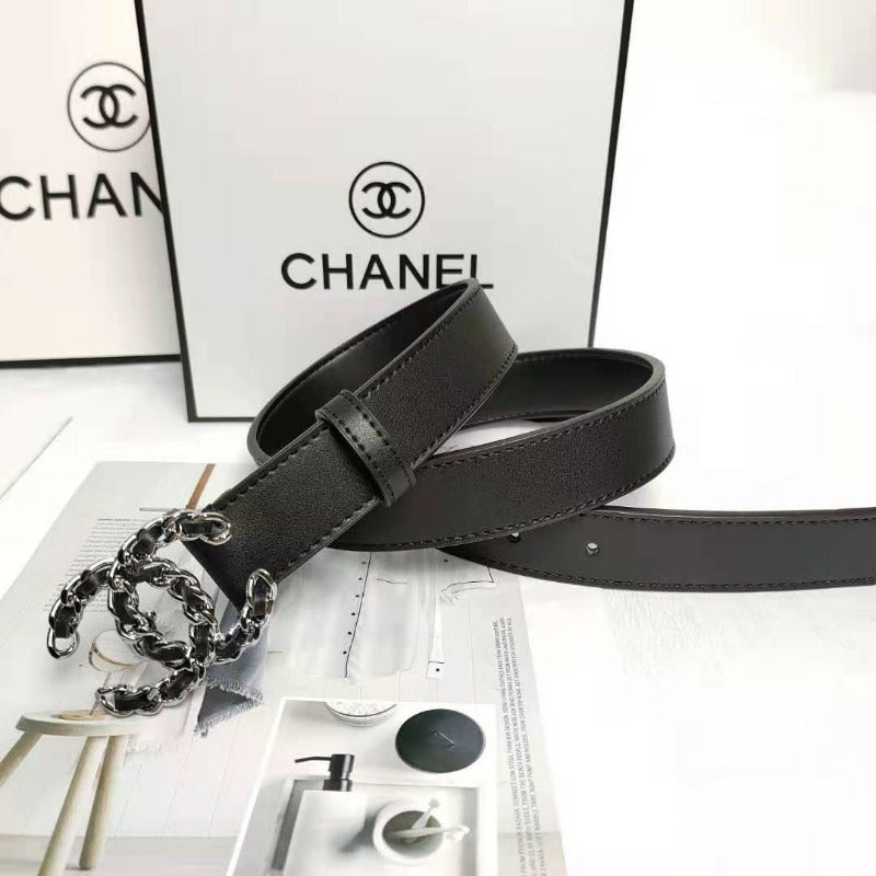 Designer Metal and Leather Buckle Belt Black