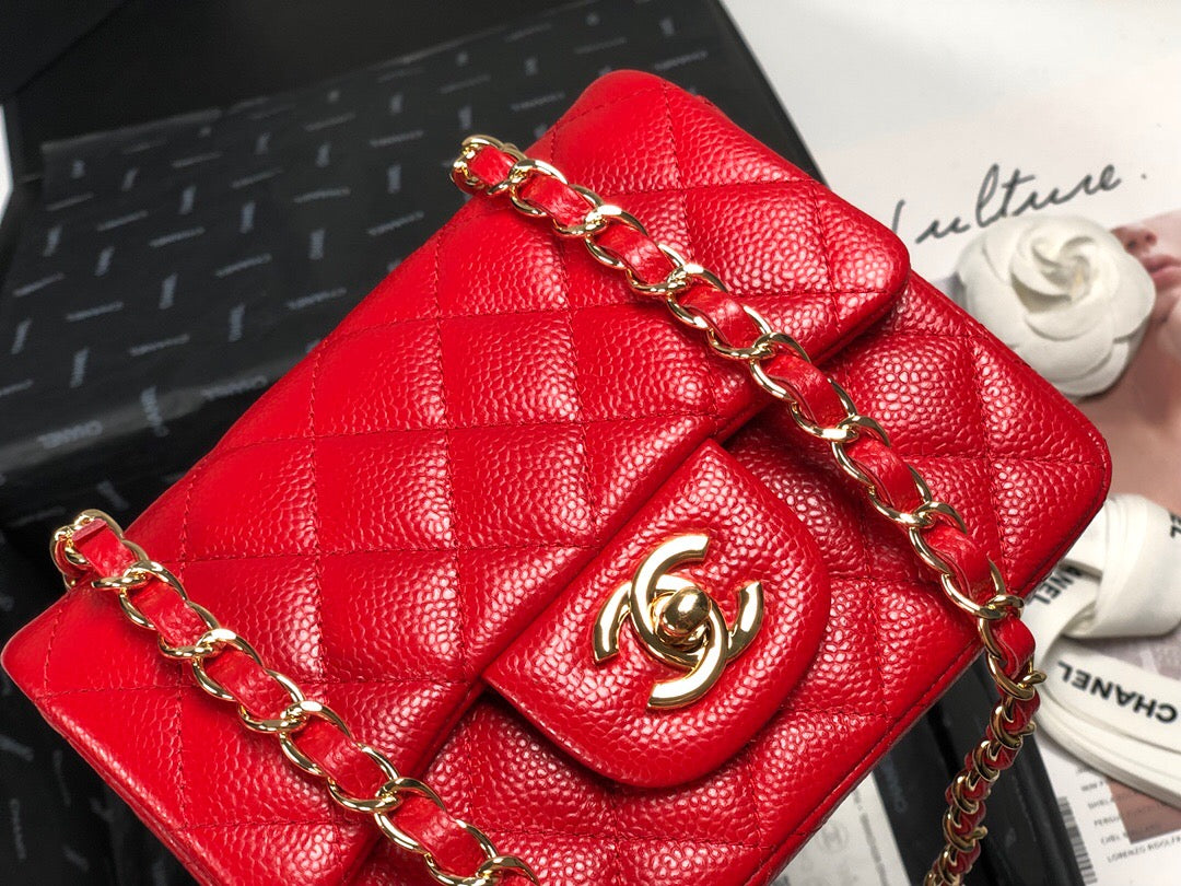 Caviar Mini Square Flap Bag Red