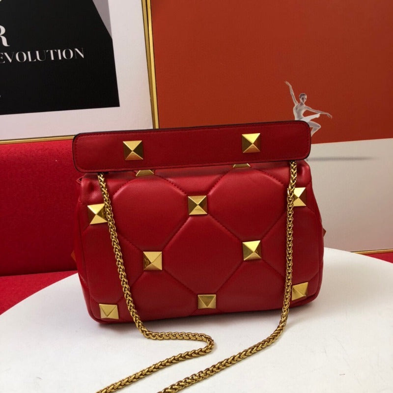 Rivet Shoulder Purses Bag With Chain Red