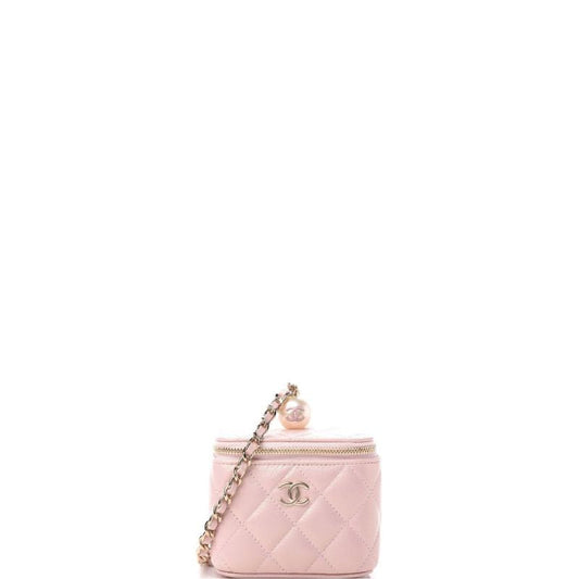 Iridescent Caviar Quilted Pearl Mini Vanity Case With Chain Light Pink