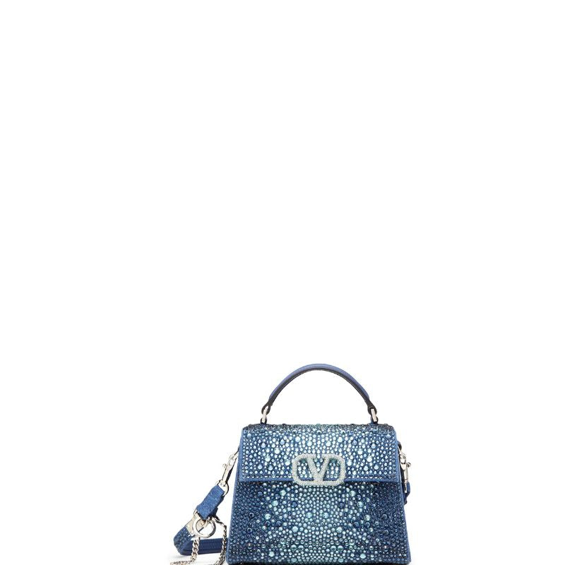 Bolso mini con lentejuelas de cristal y asa superior en azul y plata