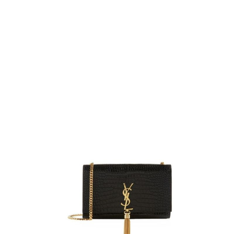 Medium Kate  Tassel Croc Bag With Chain Black