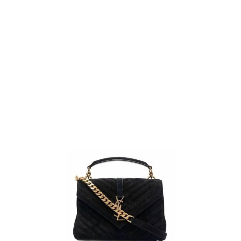 Logo Plaque Shoulder Suede  Bag Black