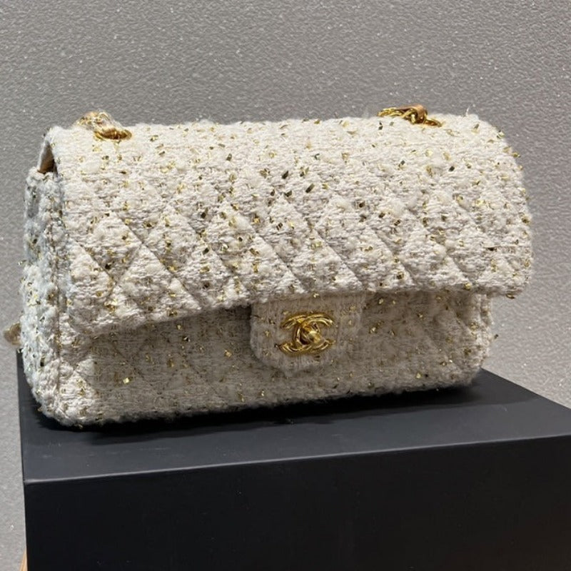 Tweed Double Flap Bag White/Gold