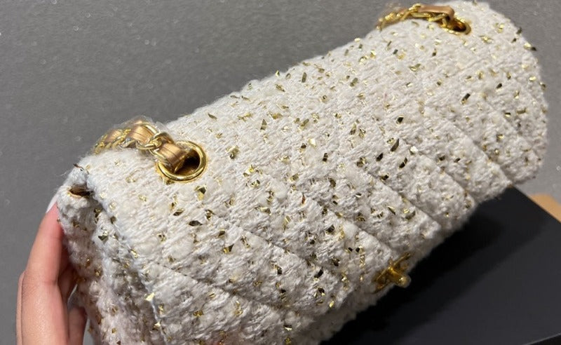 Tweed Double Flap Bag White/Gold