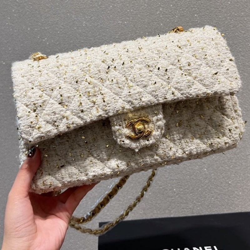 Tweed Double Flap Bag White/Gold