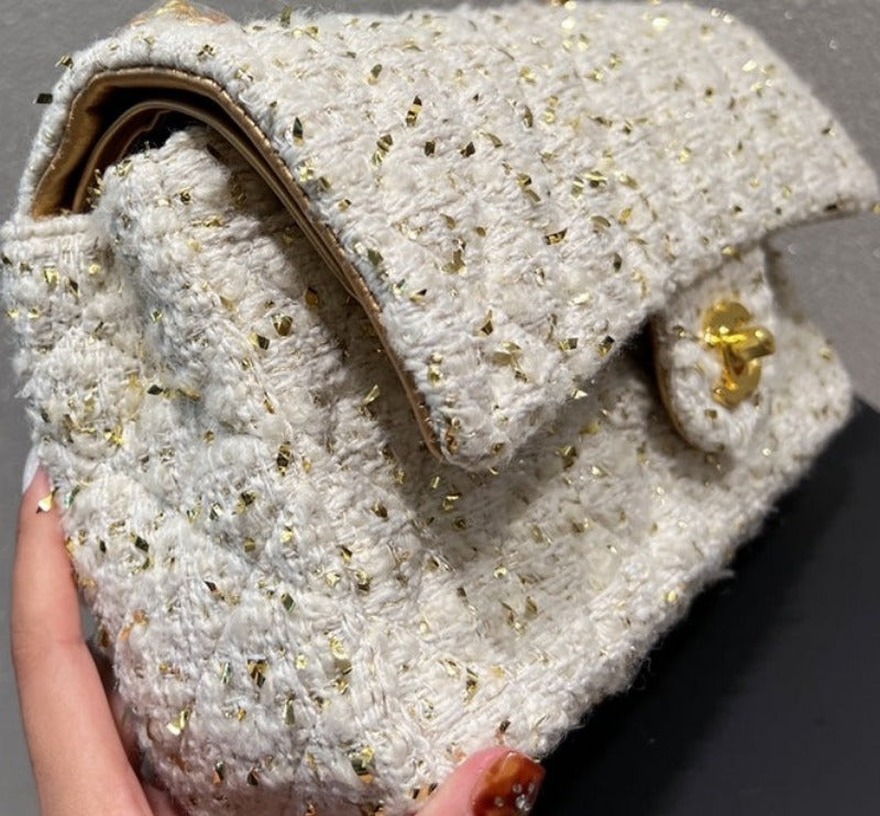 Tweed Double Flap Bag White/Gold