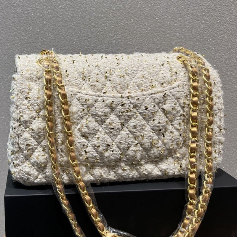 Tweed Double Flap Bag White/Gold