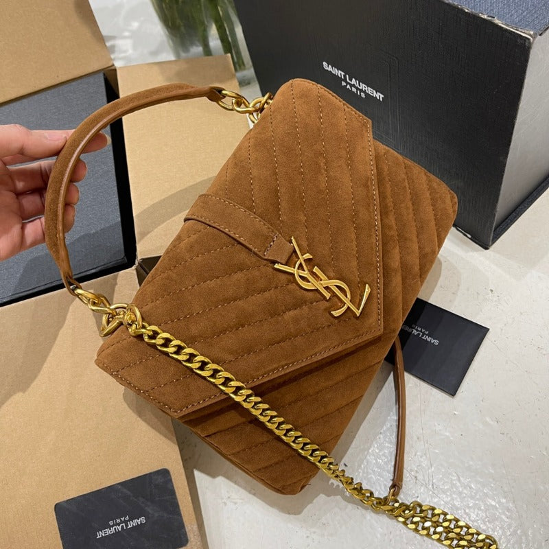 Logo Plaque Shoulder Suede  Bag Camel