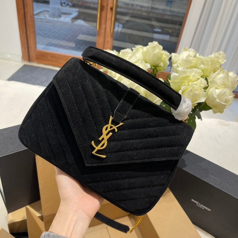 Logo Plaque Shoulder Suede  Bag Black