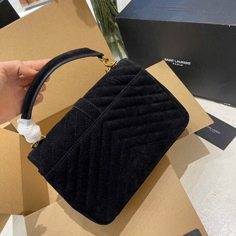 Logo Plaque Shoulder Suede  Bag Black