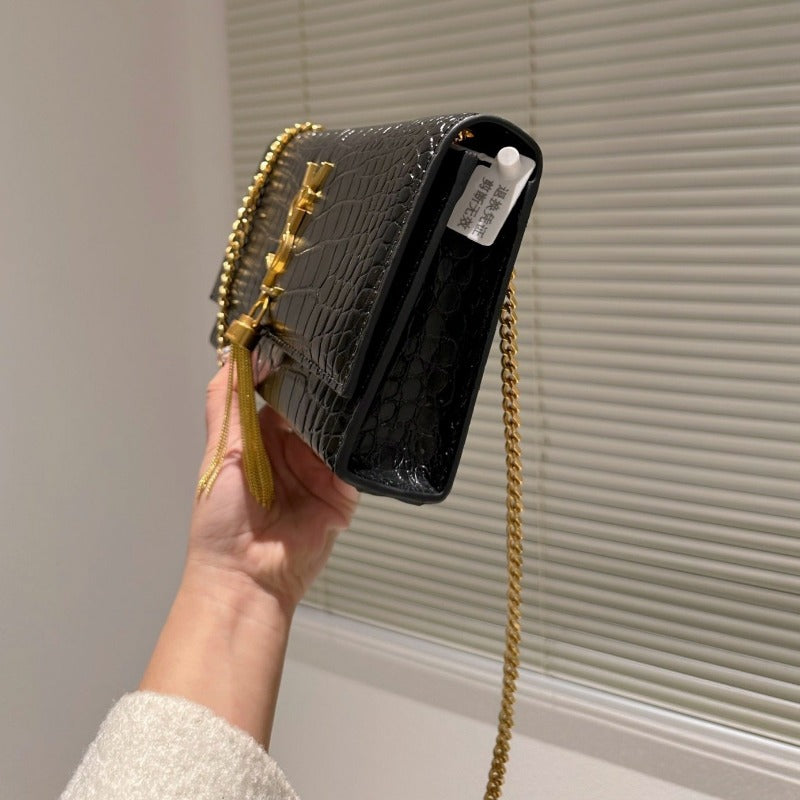 Medium Kate  Tassel Croc Bag With Chain Black