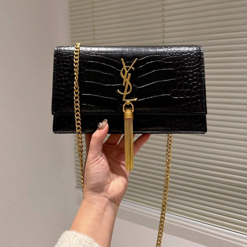 Medium Kate  Tassel Croc Bag With Chain Black