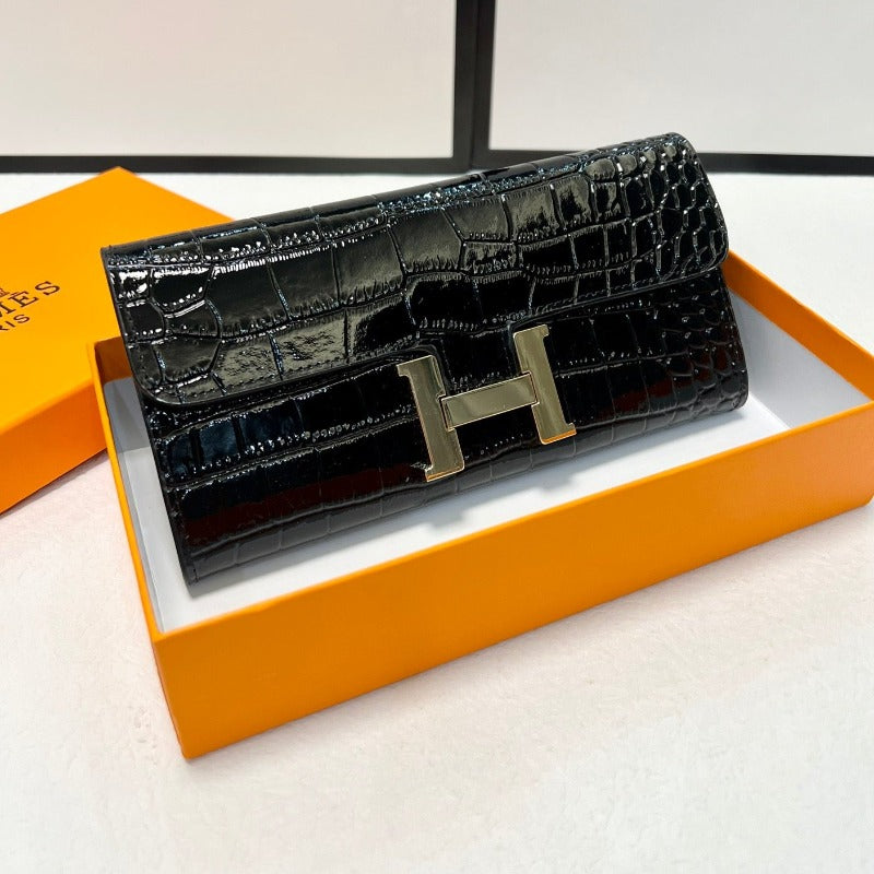 Constance Long Wallet Black Croc