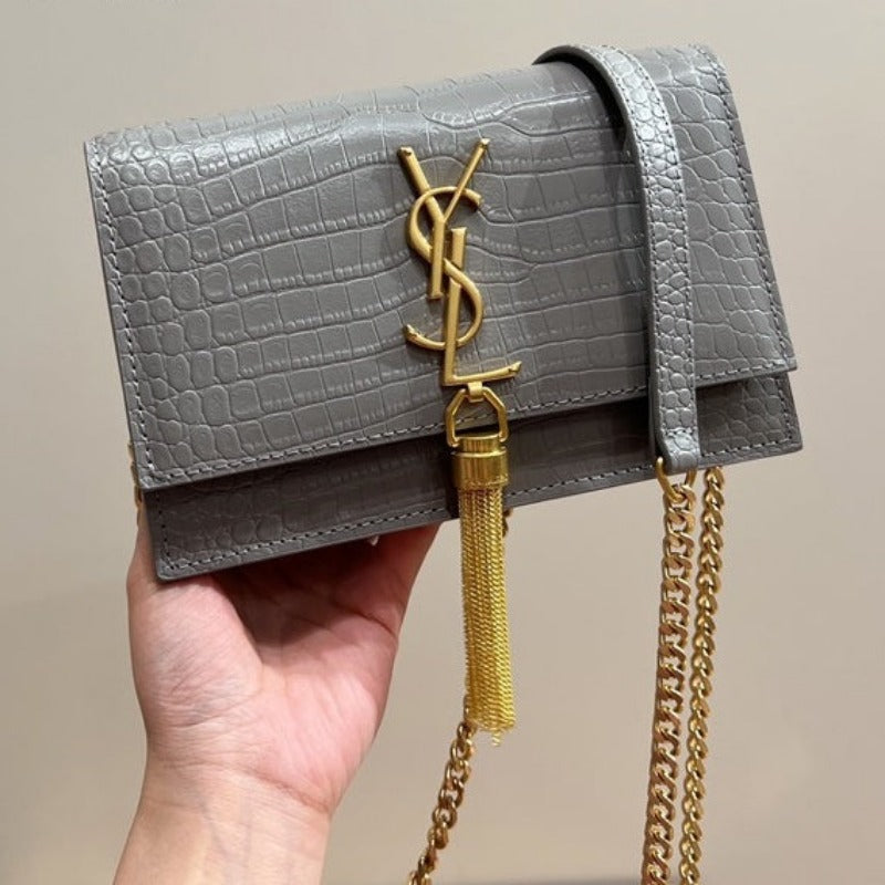 Small Kate Tassel Bag With Chain Croc Grey