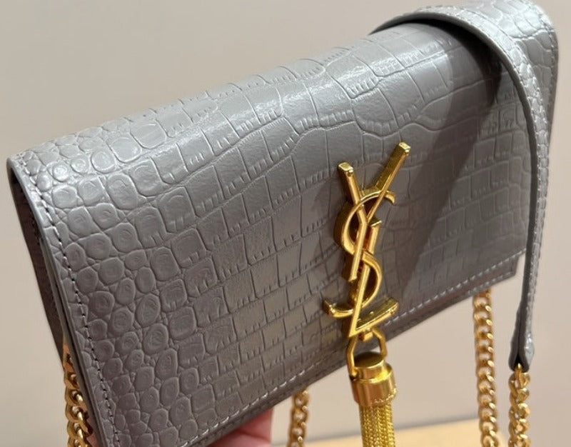 Small Kate Tassel Bag With Chain Croc Grey