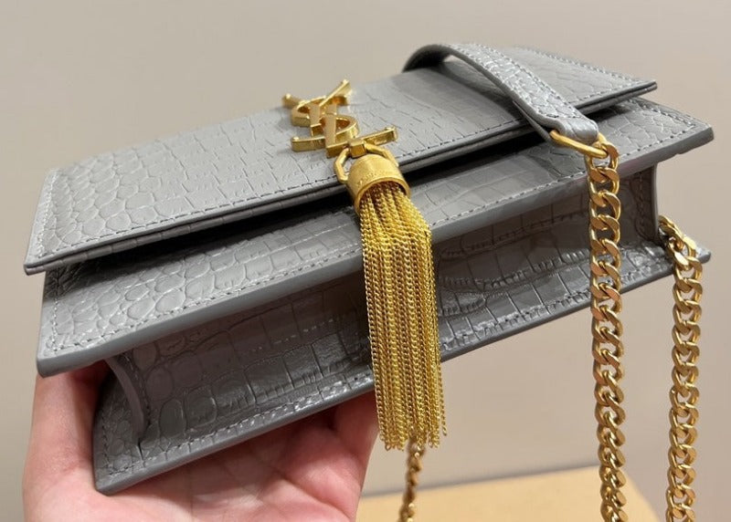 Small Kate Tassel Bag With Chain Croc Grey