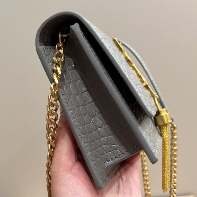 Small Kate Tassel Bag With Chain Croc Grey