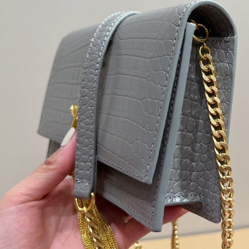 Small Kate Tassel Bag With Chain Croc Grey