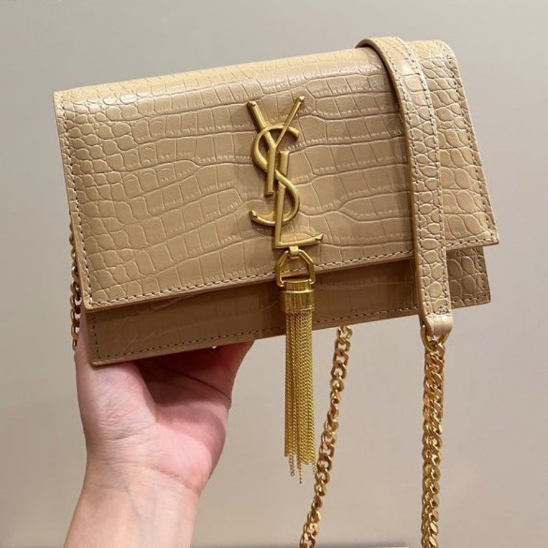 Small Kate Tassel Bag With Chain Croc Beige