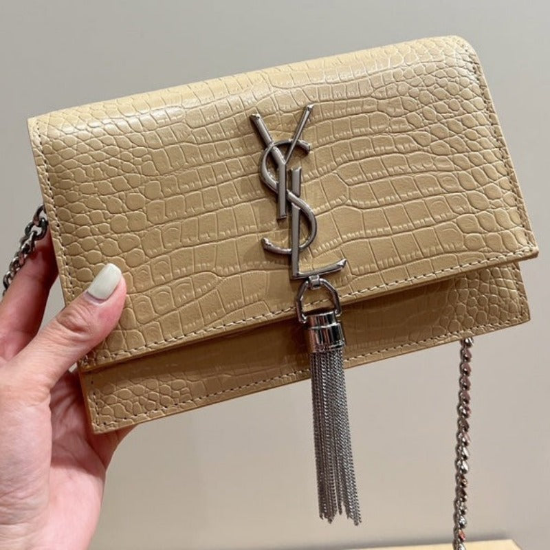 Small Kate Tassel Bag With Chain Croc Beige